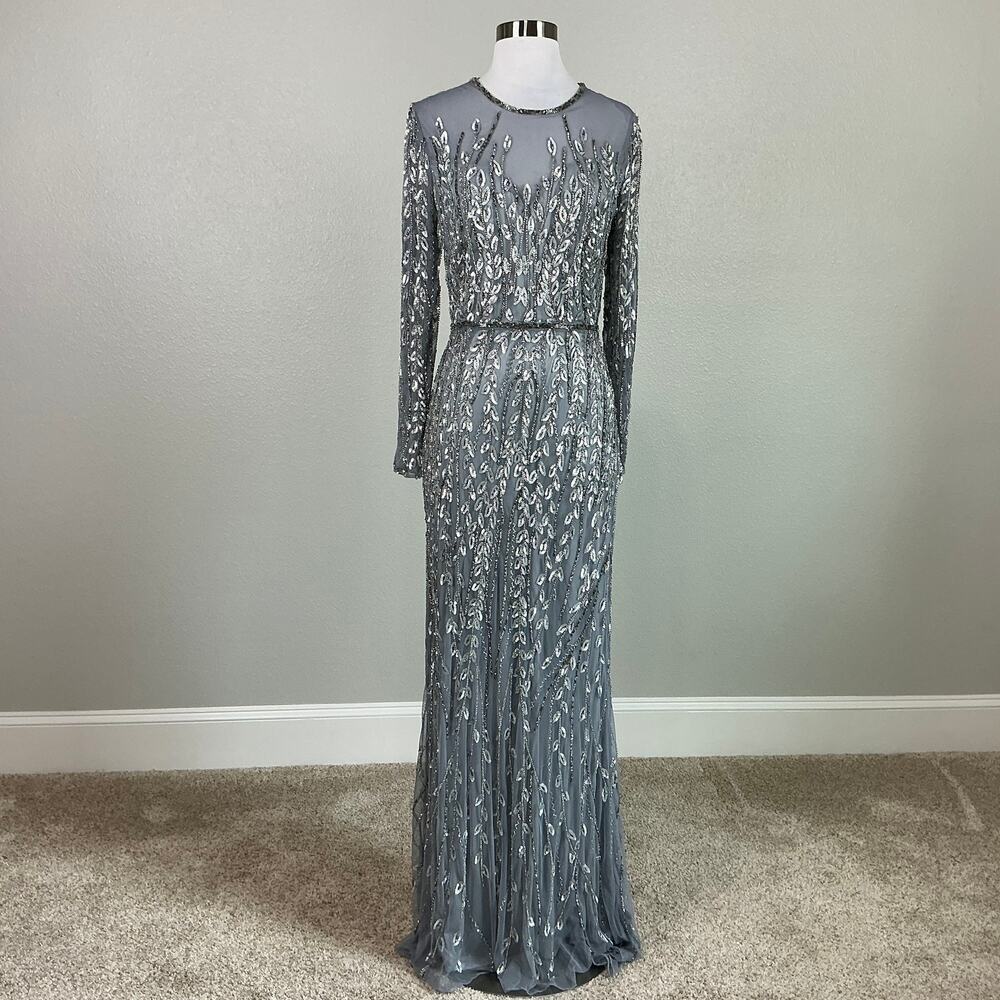 Mac Duggal 5461 Sequined Long Sleeve Column Evening Gown Silver Size 10 Dress - Picture 2 of 12